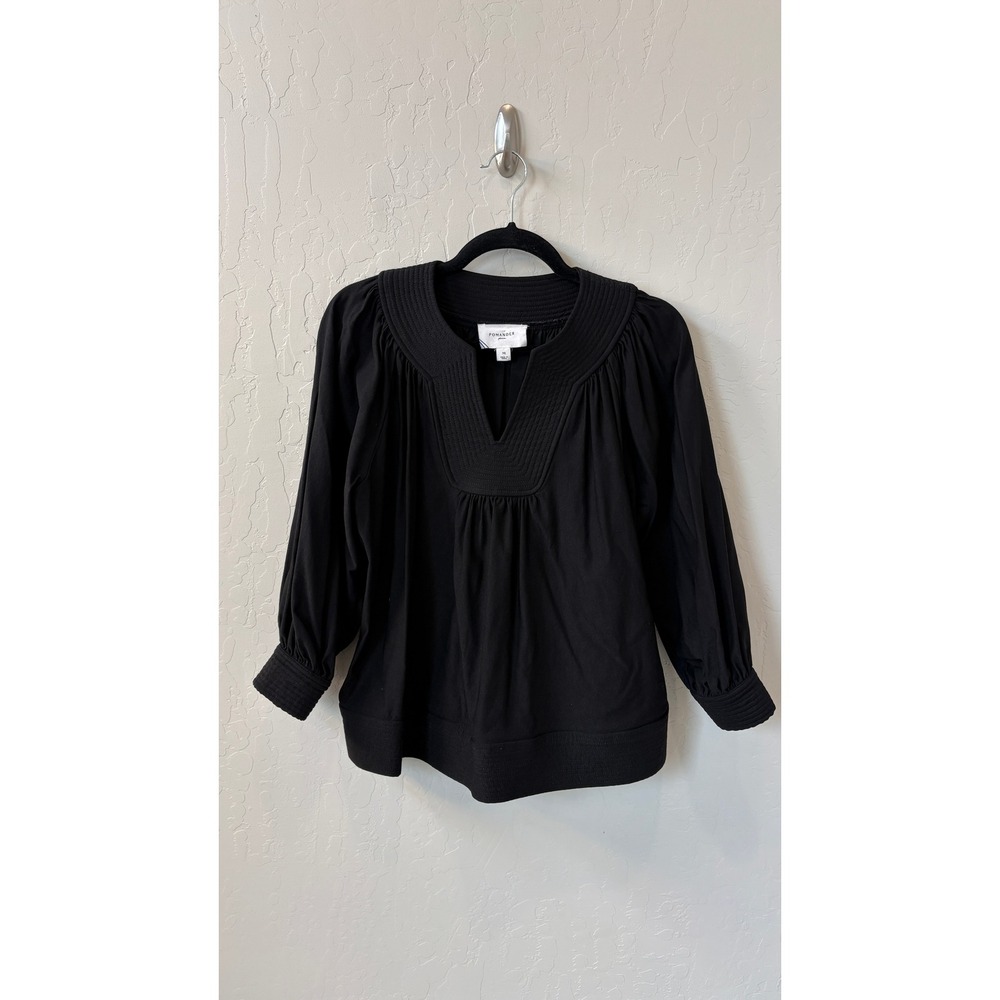 Pomander Place Black Split V-Neck Puff‎ Sleeve Blouse B1131 Womens Size M